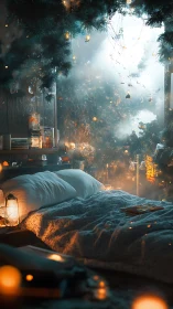 Enchanted bedroom glows under forest canopy and starlight.