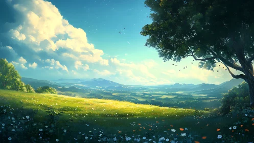 Panoramic sunlit valley meadow under cumulus cloudscape