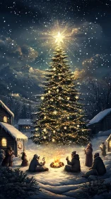 Cozy winter gathering under a glowing village Christmas tree.