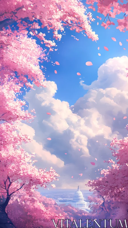 Capitol building framed by pink cherry blossoms and sky.