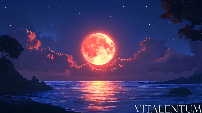 Crimson moonrise painting quiet secrets over glassy sea.