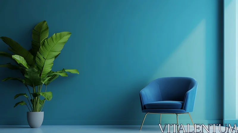 Teal interior with potted tropical plant and blue lounge chair