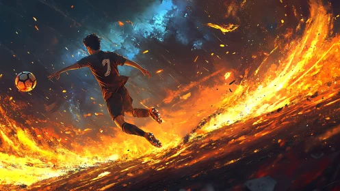 Soccer player kicking ball across fiery abstract landscape.