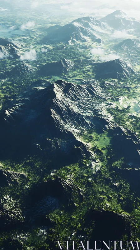Sunlit emerald ridges tumble through a misty mountain sea