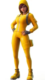 Stylized 3D female character in yellow hooded outfit.