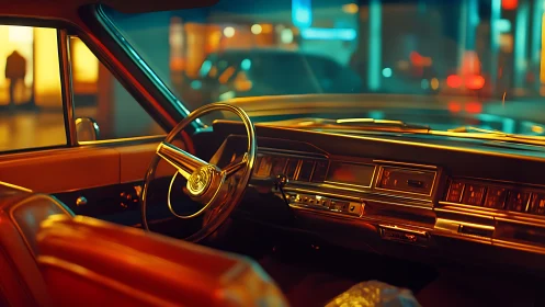 Warm night drive inside a vintage car, city lights glowing.