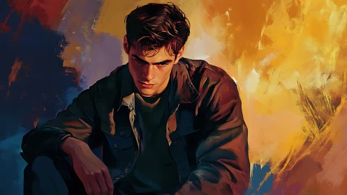 Digital portrait of seated man against abstract backdrop.