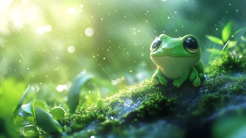 Cute green tree frog under glowing forest rain shower.