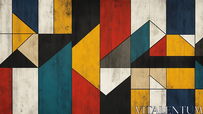 Weathered geometric carnival on painted wooden panels.