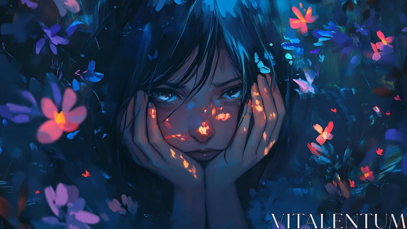 Melancholic portrait under bioluminescent floral light scattering