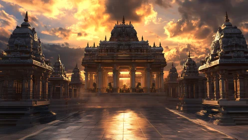 Sunlit stone temple complex under dramatic golden sky.