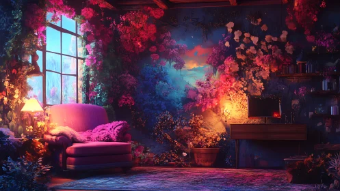 Dreamlike floral interior renders surreal chromatic lightscape