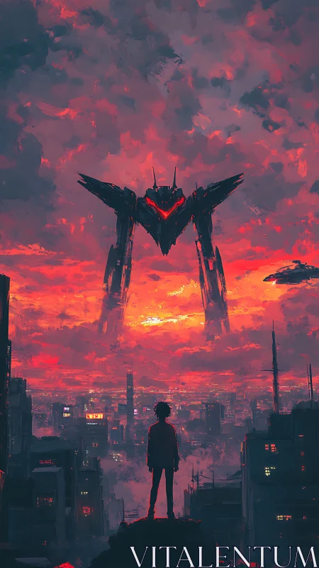 Lone dreamer meets towering mech under a burning sunset sky.
