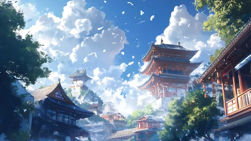 Sky-brushed temple terraces rising through drifting cloudlight.