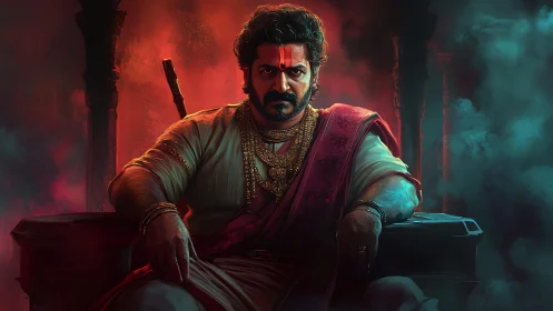 Royal warrior king seated on a throne in smoky hall.