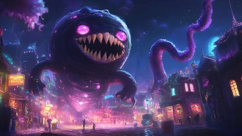 Neon void monster storms cyberpunk night market streets.