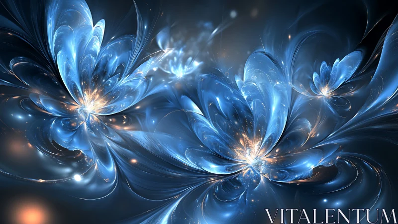 Fractal energy blossoms rendered as luminous blue crystalline petals
