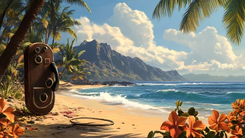 Vintage Camera on Tropical Beach with Mountain Backdrop. Digital Rendering.