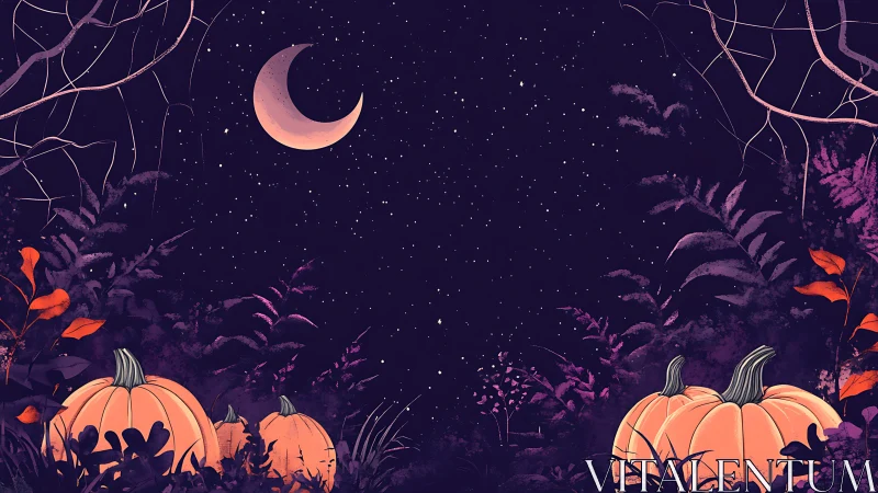 Crescent moon hangs above pumpkins in a starry forest clearing