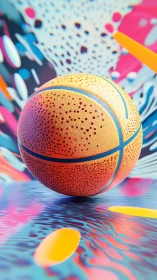 Chromatic micro-textured basketball in kinetic abstract field.