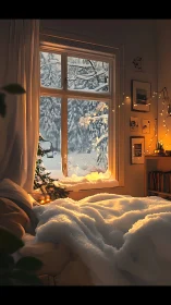 Snow covered bed under winter window with warm interior lights