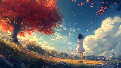 Girl in white dress under crimson autumn tree at sunset sky