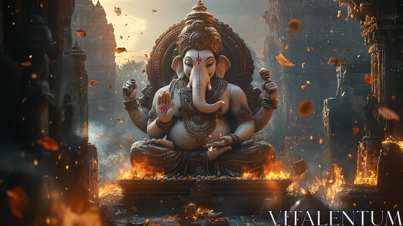 Divine elephant deity statue amid firelit temple ruins.