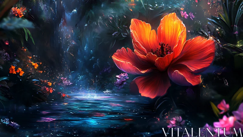 Luminescent crimson bloom over bioluminescent forest pool.