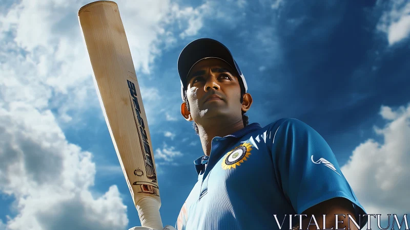 Cricketer portrait with bat under dramatic clouded sky.