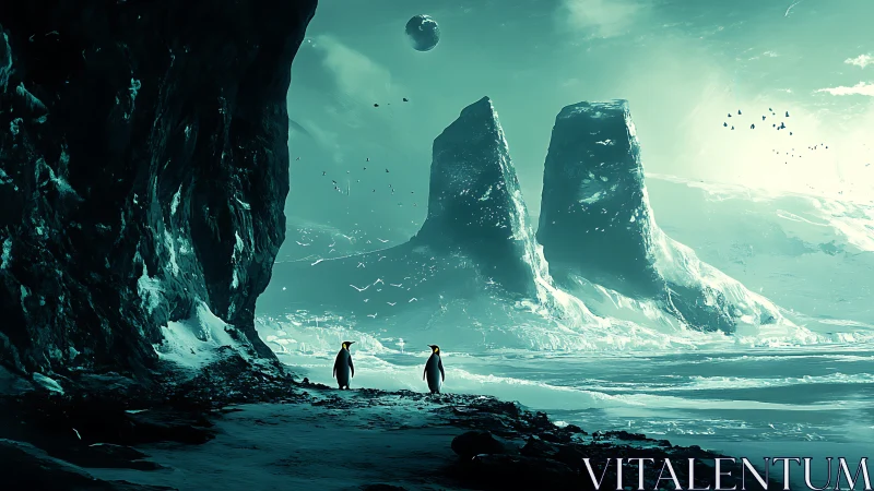 Penguins wander beneath alien ice spires and distant moon.