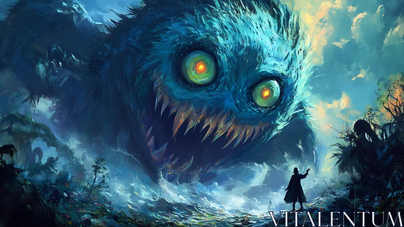 Colossal neon-eyed beast confronting lone cloaked wanderer.