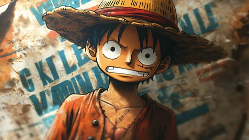 Scrappy straw-hatted dreamer framed by worn posters.