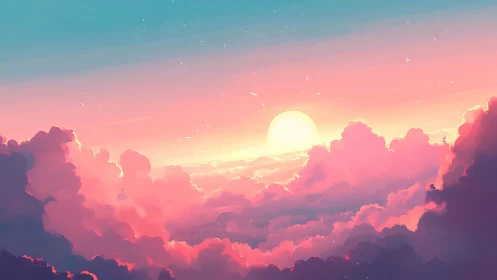 Sunset above soft cloudscape in pastel sky tones.