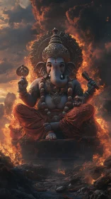 Digital painting of Ganesha enthroned amid apocalyptic fire cloudscape.