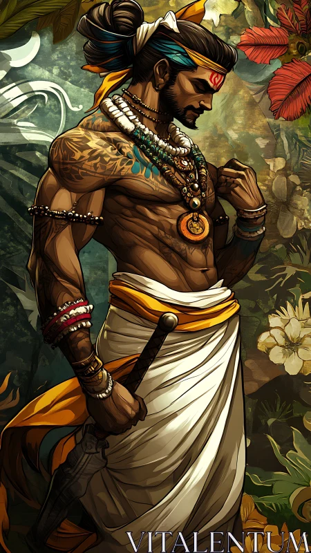 Tattooed warrior in traditional wrap with jungle backdrop.