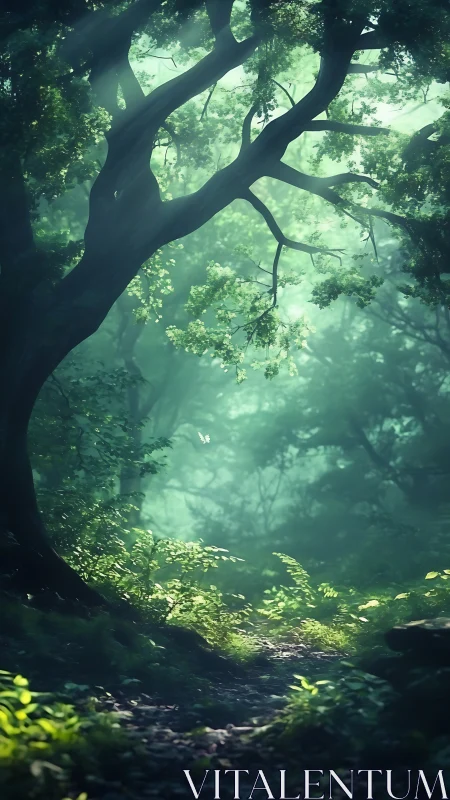 Ancient tree emerges from luminous forest mist with backlighting.