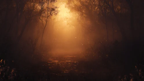 Golden Passage Glows Through Misty Forest Embrace