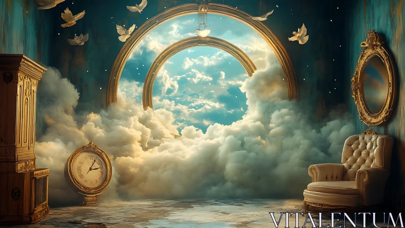 Baroque lounge opens into luminous cloudscape through arched portal