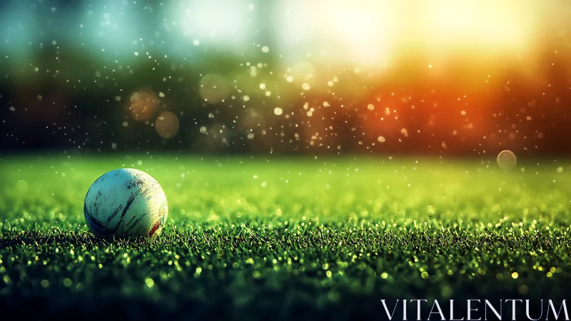 Iridescent cricket ball on dewy turf under refracted bokeh field.