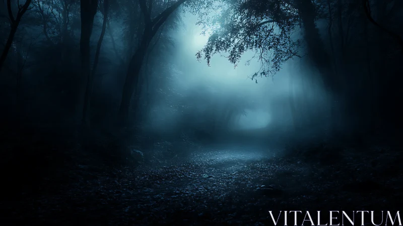 Moonlit mist penetrates a shadowed forest path at nightfall