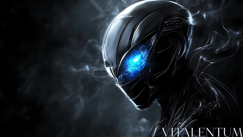 Futuristic chrome android glares through swirling neon smoke