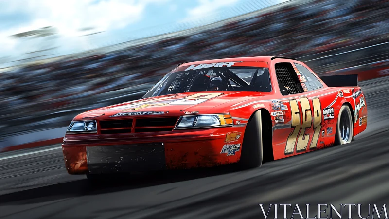 Red stock race car cornering hard on asphalt oval track