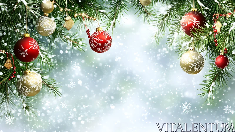 Fir branches with red and gold baubles in falling snow.