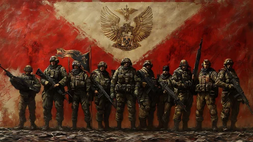 Modern infantry line before stylized red and white banner.