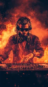 DJ immersed in fiery soundscape while mixing intense beats