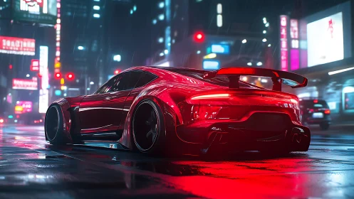 Red sports car reflects neon lights on wet city street