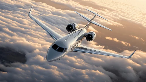 Sleek private jet cruises above sunlit cloud layers.