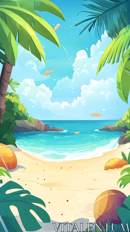 Tropical Beach Paradise with Layered Vegetation Framing.