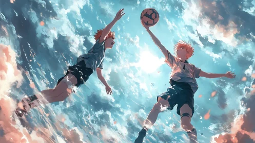 Two airborne players reach for a soccer ball against bright sky