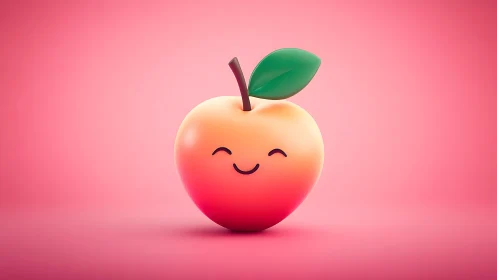 Cute smiling peach illustration in 3D cartoon style on pink background.